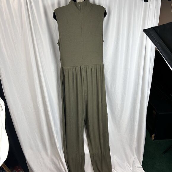 Pretty Garden Womens Olive Green Stretch Ribbed Mock Neck Jumpsuit Wide Leg XL - Picture 5 of 12